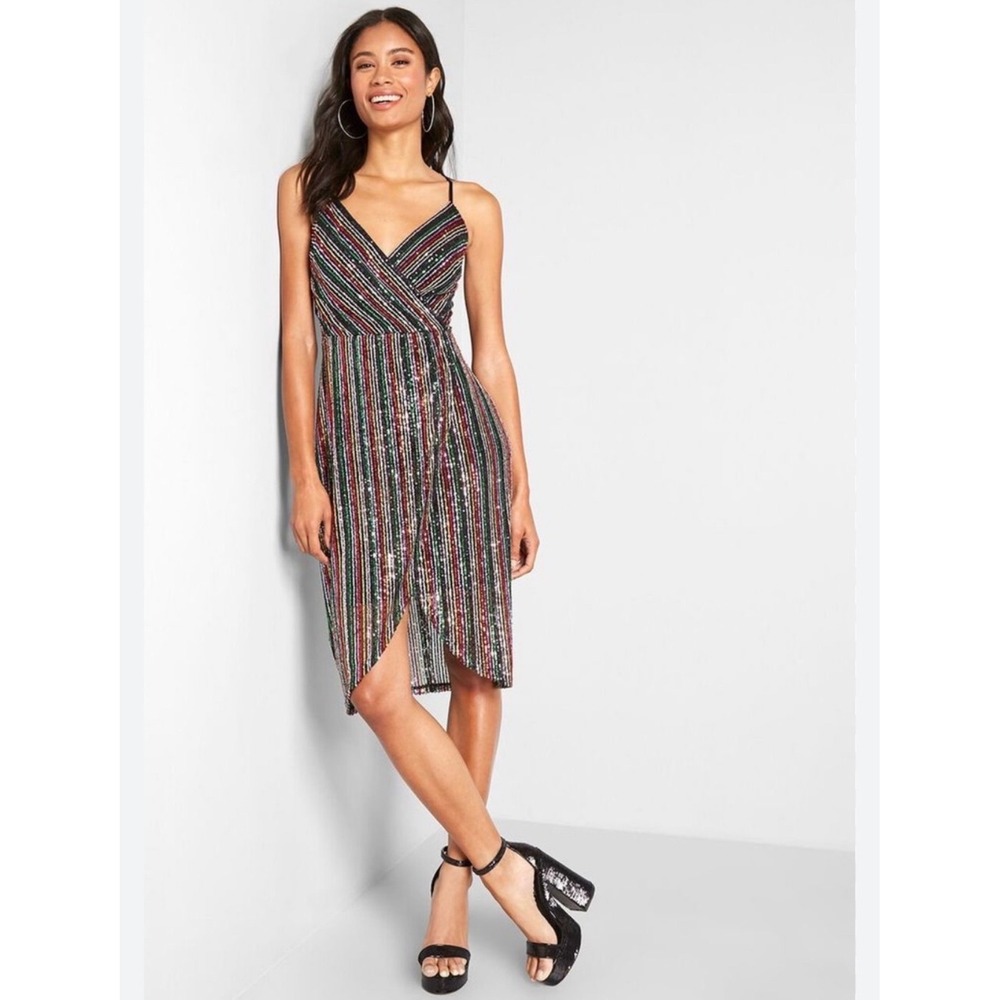 Betsey Johnson Rainbow Stripe Sequin Dress Sz 4 Midi Faux Wrap Party Sparkly